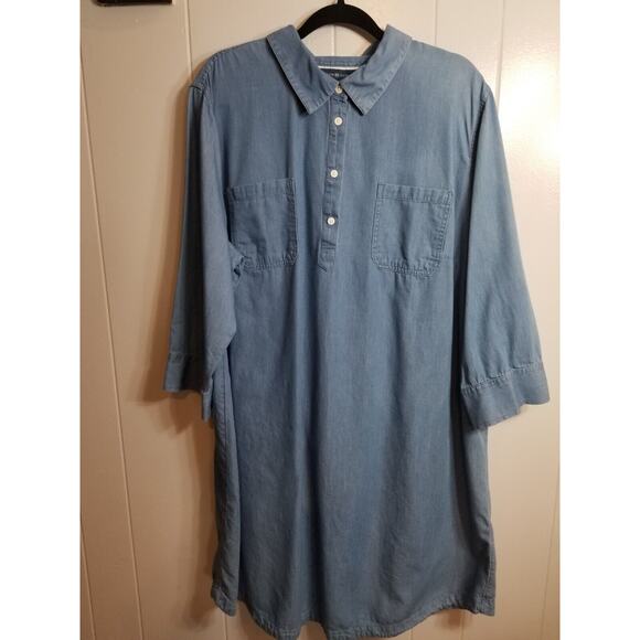 Karen Scott Women's Sz 2X Blue‎ Chambray 1/4 Button Pop Over Shirt Dress 100%... - Picture 1 of 9